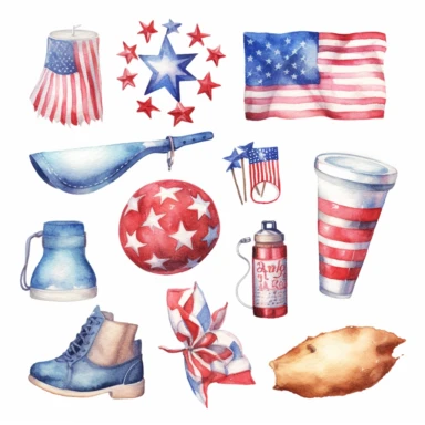 4th of July watercolor illustration, white background, watercolor, hyperrealism, high detail, separate elements, set, clipart