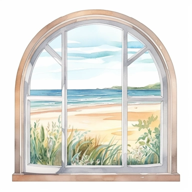 Ella bailey watercolour illustration style window frame with beach view, high definition, 8k, insanely detailed, fine detail, sharp focus, illustration, white background, isolated clipart vector