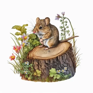 watercolor mouse on a log, clipart, white background
