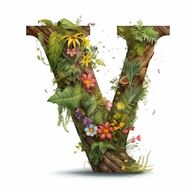 vintage letter V Made Of Tree with vines wrapped around, flowers. moss clings to, illustration clipart, high detailed, white background, digital art