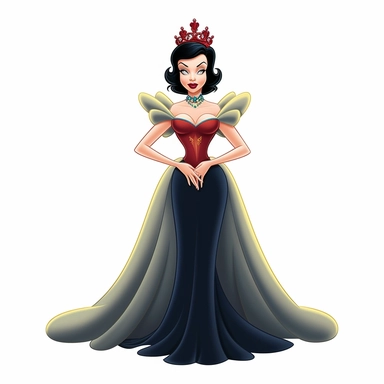 FULL-BODY PERSPECTIVE OF A 2D DISNEY CLIPART ILLUSTRATION OF A BEAUTIFUL AND BENEVOLENT QUEEN, WHITE BACKGROUND, STYLE OF DISNEY'S 1937 MOVIE SNOW WHITE, WHITE BACKGROUND