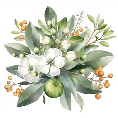 Autumn green Pumpkin, Fall Flower Bouquet, Green Leaves, Gray Eucalyptus Leaves, White Fruits, Watercolor, Clipart, Illustration, French Style, White Background