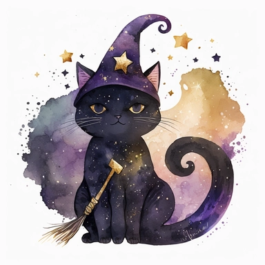 Watercolour cute black witches cat, wearing a witch hat, clipart. The cat is sitting on a crescent moon with a starry background, holding a wand in its paw. Its eyes are closed, and it has a serene expression on its face. The cat's fur is a mix of black and purple shades, and the witch hat has a golden buckle. The wand has a crystal on its tip, and it's emitting a soft glow. The scene takes place on a rooftop in a big city. The cat and the moon are surrounded by skyscrapers, and there's a full m