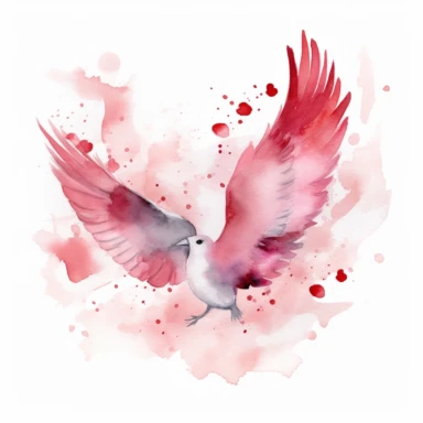An endearing watercolor scene of love, captured on a white background. Clipart on a white Background. This illustration features two hearts that are whimsically drawn to look as if they are in mid-flight, towards each other. The hearts are painted in shades of deep red and soft pink, with delicate brush strokes that provide a hand-painted texture. Between them, a small 'kiss' is depicted in the form of two tiny lines converging - symbolic of their connection. The overall image exudes warmth and 