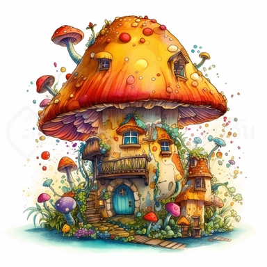 create an illustration featuring magical golden yellow mushroom house clipart, small flowers, vibrant colors, rainbow colors, magical, whimsical, fairytale, against a white background, harlequin cyberpunk, highly detailed