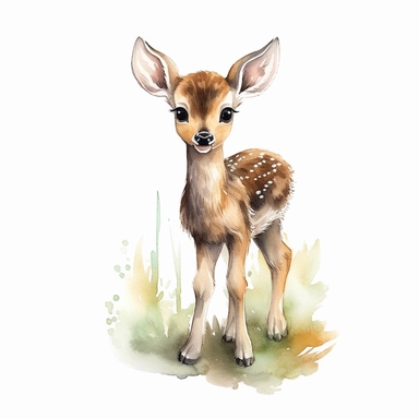 Watercolour animated whimsical cute baby woodland deer beautifully detailed perfect facial features four perfect legs and hooves Bambi inspired ultra highly detailed, 18k, sharp focus, bright photo with rich colours digitally enhanced, enhanced graphics, straight, sharp focus, bright lighting, intricate detailed png image ,high definition,300dpi,graphic clipart,computer graphics