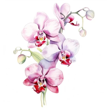 watercolor Orchid Delight floral line for decoration, style of Pierre-joseph redoute, png, clipart, hd, contour white outline, isolated on white background