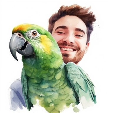 Adorable pet Amazon Parrot having happy moment with it's human owner, water color style, clipart, white background