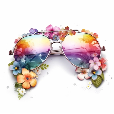 create a clipart featuring a pair of floral aviator mirrored sunglasses, a straight view, a mix of vibrant and pastel colors, rainbow colors, watercolor, against a white background, detailed