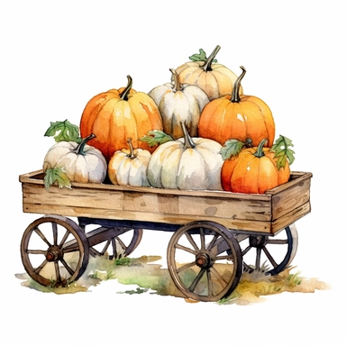 watercolor clipart, pumpkins in a four wheeled cart, white background