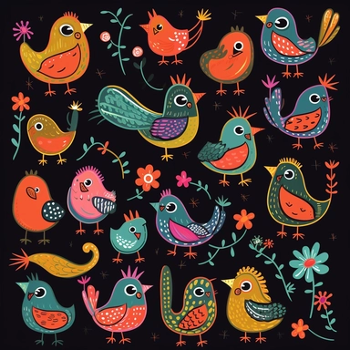 cute cartoon bird clipart, black background,--no cut off edges