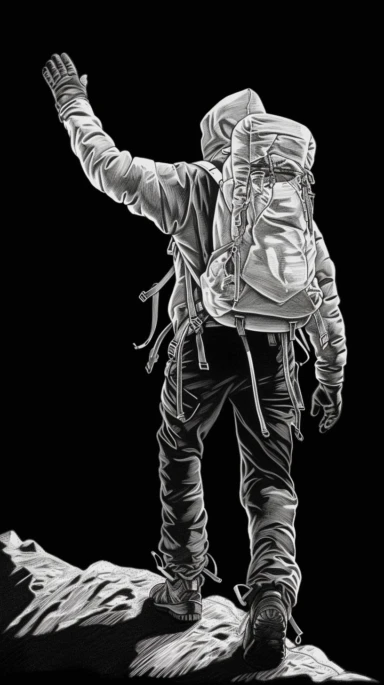 Sketchy white Ink Drawing on black background: A determined and hopeful handsome mountain climber reaching out to take your hand with thick coat and fur hood, full-body, illustration clipart that resembles a sketchy ink drawing, with loose, expressive lines and a hand-drawn appearance, three-quarter profile