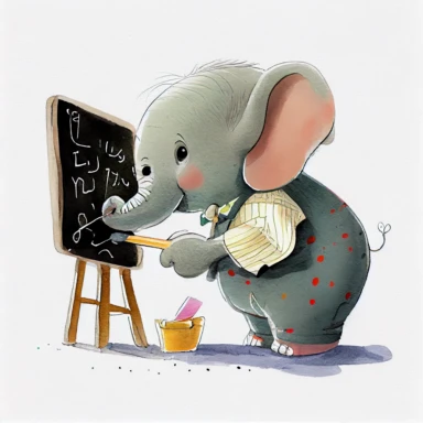 elephant doing math on a blackboard, soft lines, soft pastel watercolor clipart, cute cartoon, CHILDREN BOOK STYLE, character design, fullbody, white backgound, by artist Beatrix Potter