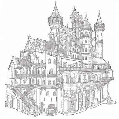 the inside of a castle, outline, clipart, lineart, black and white, no shading , coloring page , 8k