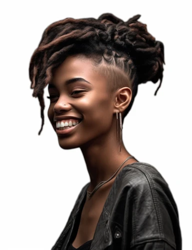 hasselblad 24 mm three quarters shot of a gorgeous african american woman, clipart, Composition: Relaxed position with intricate high hairstyle, smiling, detailed natural skin, Style: Nu-Goth, white background, hyperrealism, 32k