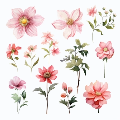 Captivating watercolor clipart set featuring different pink flower species, portrayed from various angles, arranged in a composition that appears as if the flowers are gracefully floating in mid-air, inviting the viewer to join them on a whimsical journey through the realms of imagination, clipart on a white backdrop.