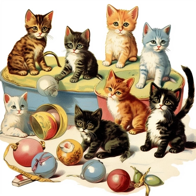 Endearing kitten clipart, displaying an array of adorable kittens in playful and curious poses, accompanied by various cat toys and accessories in the style of henry moret