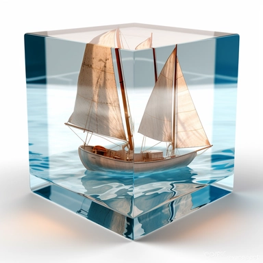 clipart 3D sailbot inside epoxy rasin cube. glass cube has sharp edges. preserved in resin, vibrant color, white background
