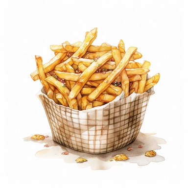 A captivating watercolor, hyper - realistic clipart image with a white background and white margins, portraying a basket of crinkle - cut fries. The ultra - detailed, hand - drawn elements capture the distinct crinkle shape and texture of the fries. Use bold shades of yellow and brown to create a visually enticing image that showcases the nostalgic appeal of this childhood favorite