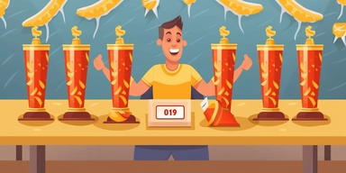 newspaper article about how a man won the hot dog speed eating championship, clipart collection, casual game design, pseudo 3d, cartoon style, vector illustration