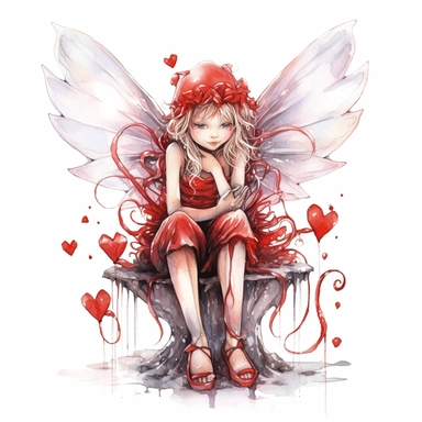 valentine fairy, red and silver colors, hearts, thick border lines, watercolor, clip art, spaced out, white background