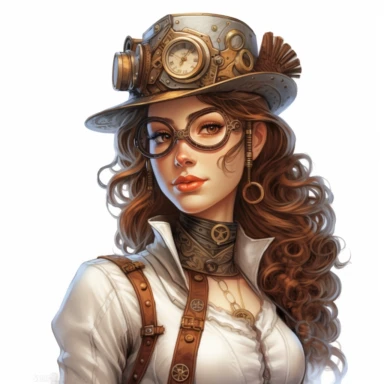 Solid white background. Waist-up illustration of a determined steampunk woman, her intense gaze and resolute smile reflecting her strong determination. Her alabaster skin and mahogany brown hair beautifully contrast her attire in shades of antique bronze and silver, a testament to Victorian elegance and steampunk aesthetics. Instead of a hat, she wears a sleek headband adorned with industrial motifs. The background lacks any steampunk elements. Pastel clipart, hyper-realistic, retro-futurism, so