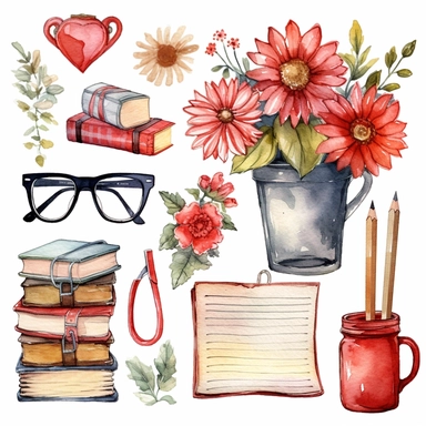 Clipart set Cute illustration Teacher's Day watercolor clipart, Dear Teacher planner graphics, Cute kawaii teacher sticker, flower
