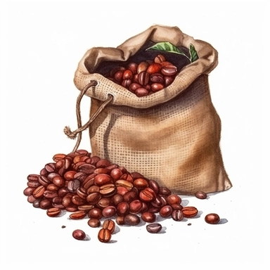 a bag of coffee beans, realistic painting, watercolor, cliparts on white background