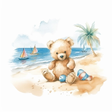 cute watercolor teddy bear at the beach, clipart, white background