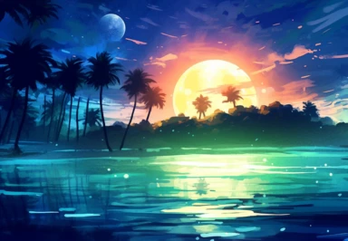 captivating scene of a holographic beach at nighttime. watercolor clipart. watercolor clipart. The lighting should be normal, capturing the serene ambiance of the nighttime setting. The colors should be magnificent, incredible, and relaxing, evoking a sense of tranquility and beauty. The focus of the composition should be a clear view of the water, showcasing the holographic effect with its shimmering and iridescent qualities. Add a touch of magic by depicting the moon leaving a gentle glow on t