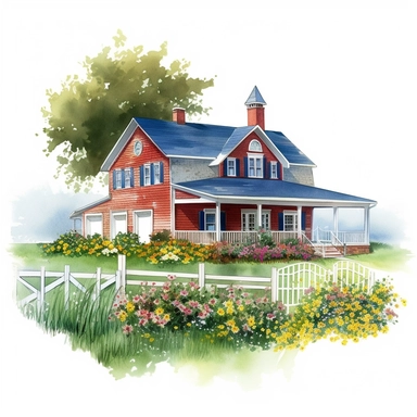 Visualize a clipart-style watercolor illustration of a close up of detailed farmhouse surrounded by wildflowers on a summer day, set against a clean white background. Render the ranch-style farmhouse, painted with vivid blues and bright greens against a clean white background. Render the farmhouse with a red barn and a grazing cow, set against a bright white background. Render the barn and cow in vivid reds and whites, spotlighting rural life. The composition should place the farmhouse centrally