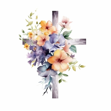 cross, different flowers, watercolor, clipart, white background