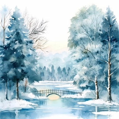 paint a serene winter landscape with snow-covered trees watercolor clipart, a frozen pond, and a soft blue sky. Add elements like ice skaters, snowflakes, or a horse-drawn sleigh for a picturesque touch, on a white background