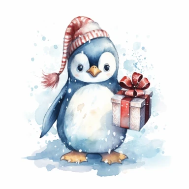 A lovable penguin wearing a Santa hat and a big smile, holding a christmas gift, standing on an icy surface, surrounded by snowflakes and a snowy backdrop, ornamental watercolor clipart
