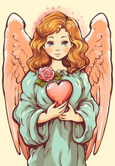 cartoon angel holding a heart stock clipart 5448247, in the style of pink and amber, colorful drawings, pontormo, comic/cartoon, sophie anderson, dark yellow and turquoise, andrew boog faithfull