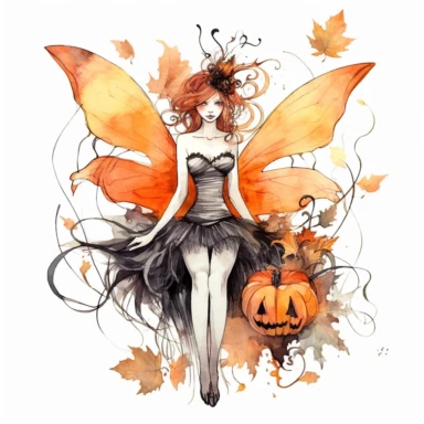 watercolor style Halloween fairy, clipart, large orange,wings, black white stripes, pumpkin, isolated on white background, in the style of Amy Brown, beautiful fall floral, bright color, crisp lines, chaos 8