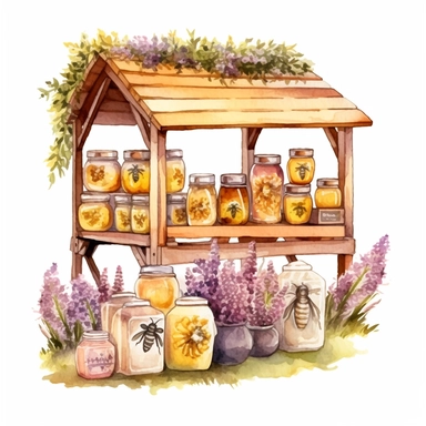 hand drawn honey stand, honey for sale, flowers and grass, shades of yellow and purple, very detailed, very realistic, watercolor, clipart style white background with margins