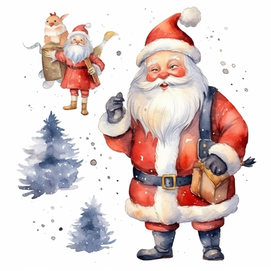 watercolor Christmas Santa Claus clipart with margins, digital watercolor, for children’s book, design lovely style, cartoon funny, simple watercolor, white clean background