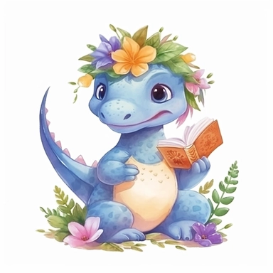 High resolution, cute girl dinosaur for kids book with spring flower, watercolor clipart, completely white background