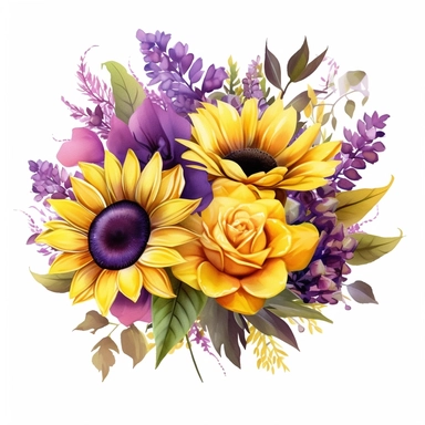3d watercolor bunch of yellow and purple sunflower clipart, hd, isolate on white background, spaced out
