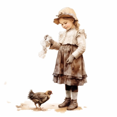 victorian vintage adorable little girl feeding chicken, full body, pastel beige colors, clipart style, accurate details, oil painting technique, super high quality, professional watercolor clipart, high resolution