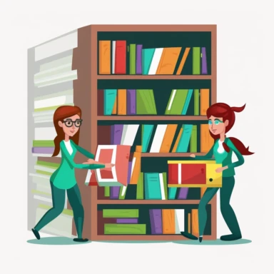 a librarian girl is moving books from a bookshelf to another, clipart