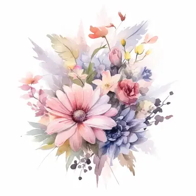 watercolor flowers composition or bouquet composed of a few flowers only clipart, delicate and pale faded colors, very delicate colors in natural pallette, very faded, colors barely visible, hd