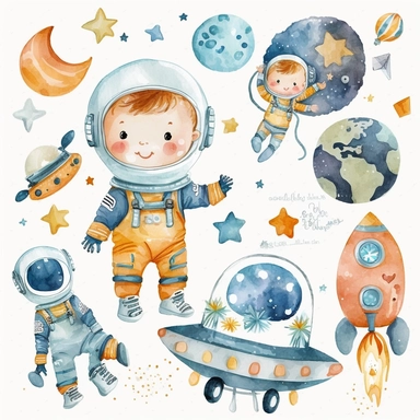 Space watercolor nursery baby boy clipart cute astronaut planets rockets no text