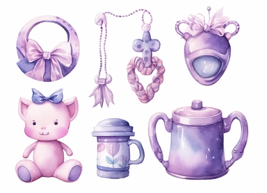 5 sets of watercolor clipart - cute little baby septer/crown/pacifier/onesie cloth/baby pajamas cloth/baby feeding bottle, in the style of light silver and light purple, victorian-inspired illustrations, nature-inspired pieces, different playful compositions, plush doll art, high resolution, isolated on a white background