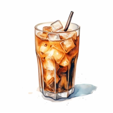 A refreshing glass of iced coffee, featuring a smooth blend of cold brew coffee, ice cubes, and a hint of sweetness, perfect for hot summer days. (Watercolor clipart, white background, no text.)