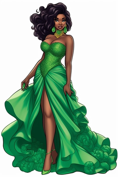 Cartoon Black Skin African American Clipart Plus size Beautiful Rich Woman Wearing green ball gown wearing gold jewelry having beautiful face long eyelashes and beautiful lips beautiful long hair confident confident wearing high heels no text