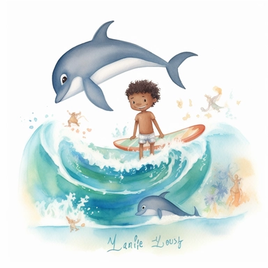 watercolour, adorable, me and the Sea: features an adorable little polynesian boy surfing with dolphins. He is 4 years old, The positive affirmation could be I am confident in my ability to explore the world around me, clipart style