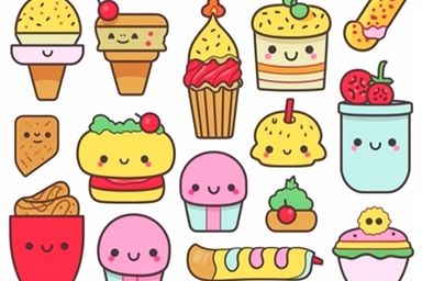 kawaii food clipart set, in the style of kawaii street art, text and emoji installations, loose linework, kawaii art, clipart, vector, minimal, white background