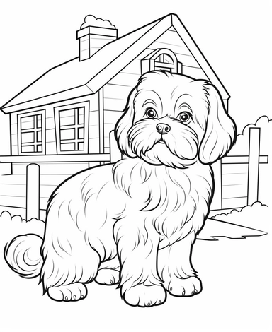 expert coloring page style Shih Tzu Dog breed Clipart, simple house background, simple line art, line is crisp and clean, easy to color